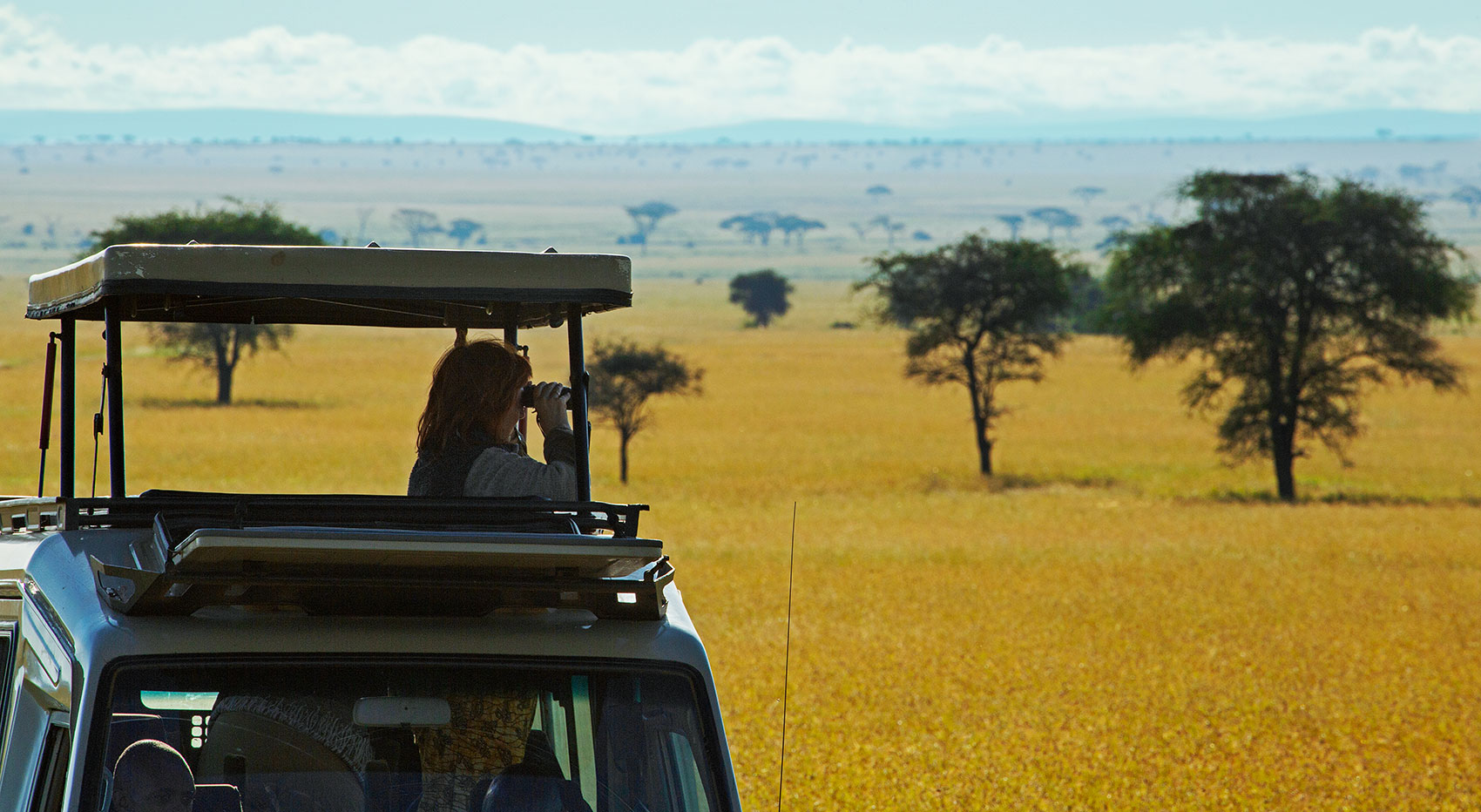 Game drive vehicle Serengeti savannah Game drive vehicle Serengeti savannah
