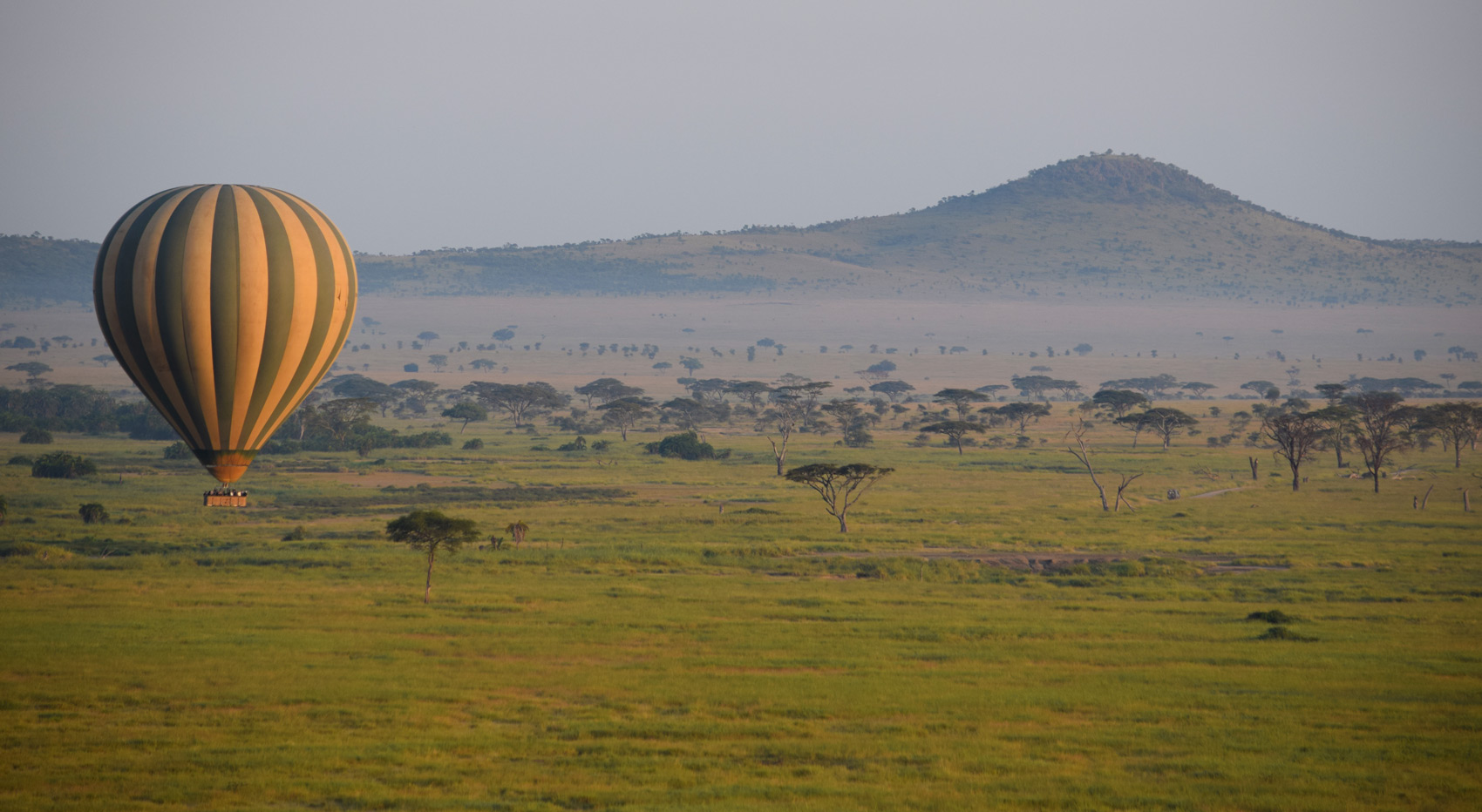 Ein Ballon von Serengeti Balloon Safaris, der über die endlosen Ebenen der Serengeti fliegt.
