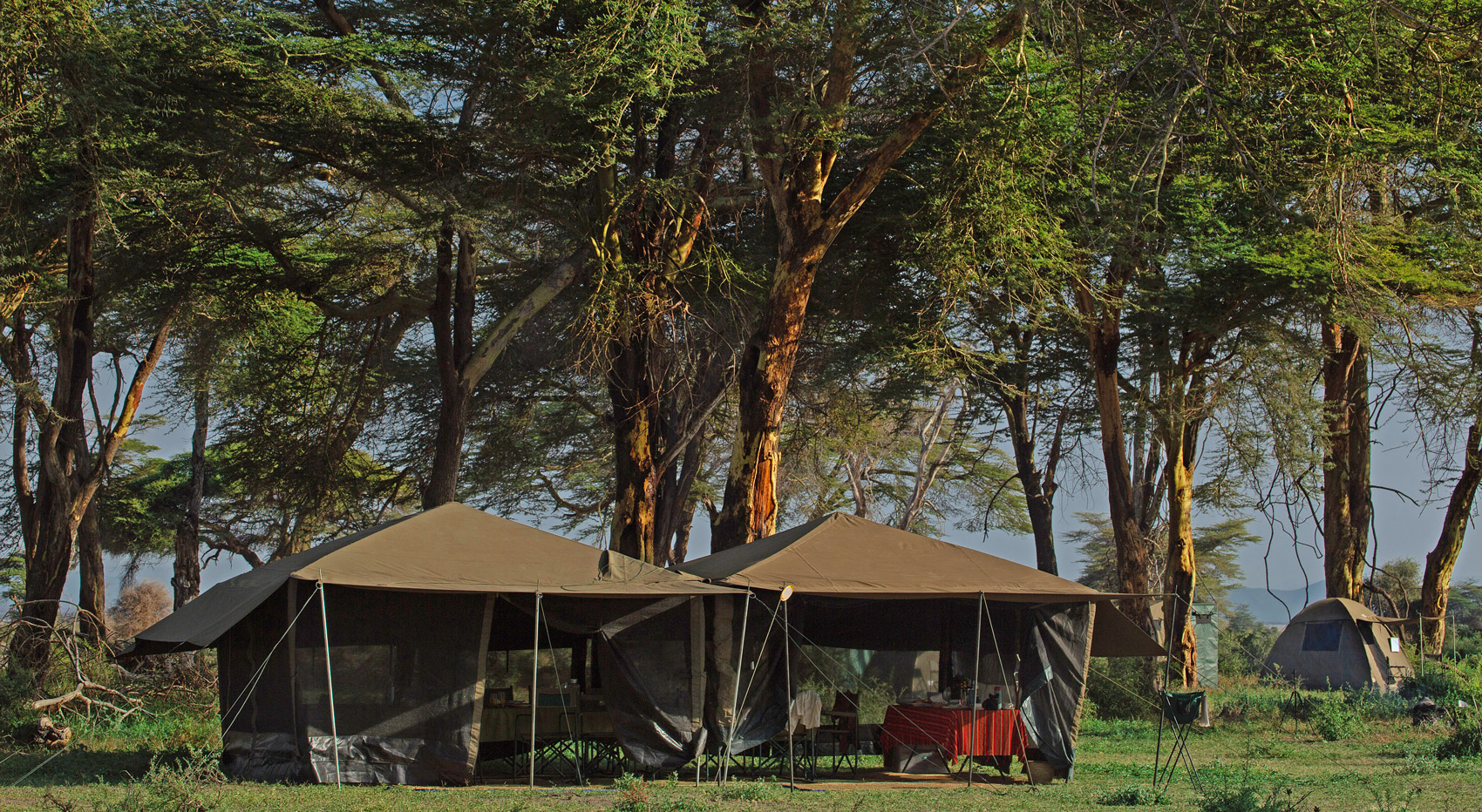 The mess area of the Mobile Explorer Camp, nestled between yellow fever acacias. The mess area of the Mobile Explorer Camp, nestled between yellow fever acacias.