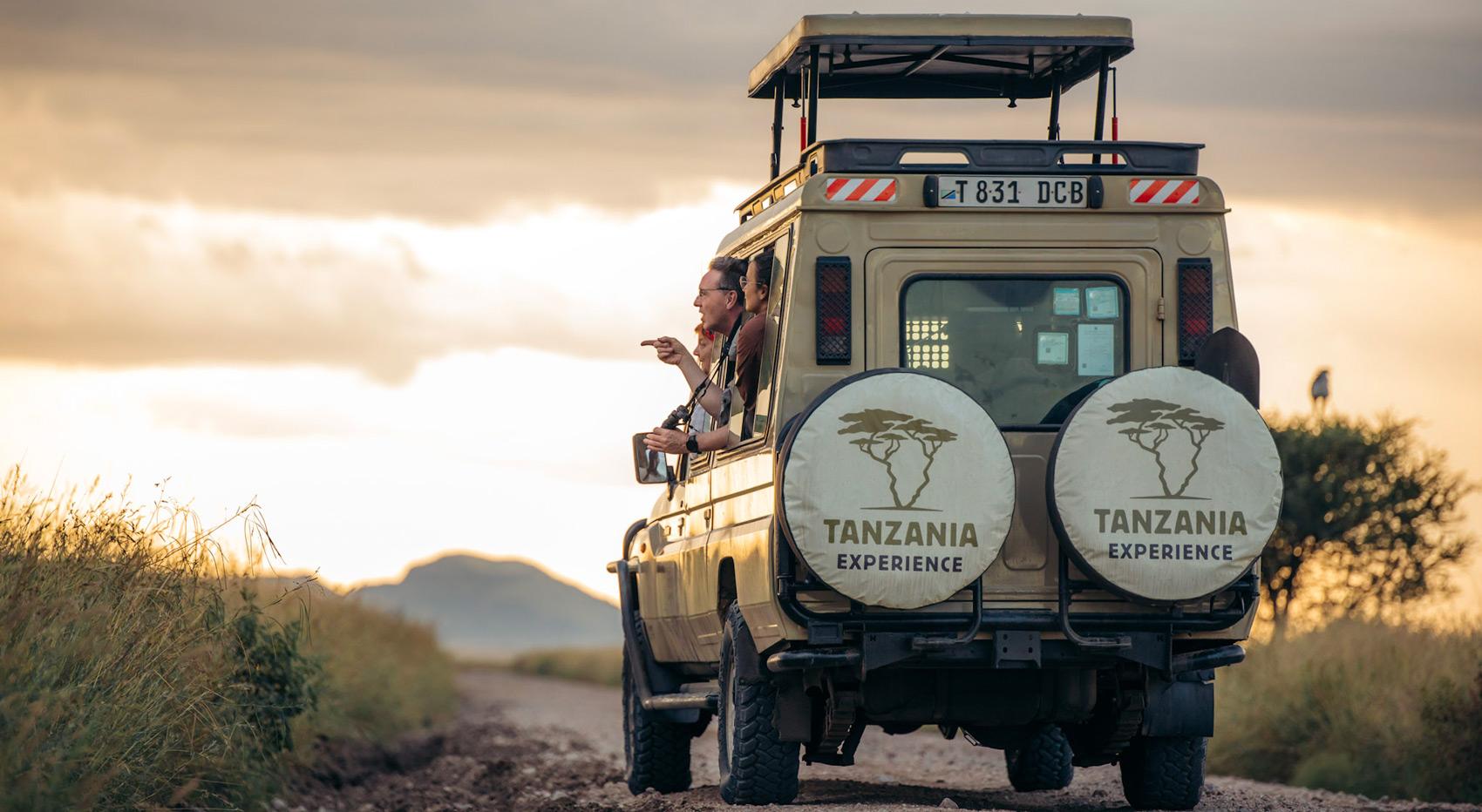 Eine Gruppe von Gästen lehnt sich aus einem Safarifahrzeug, um Wildtiere zu beobachten.