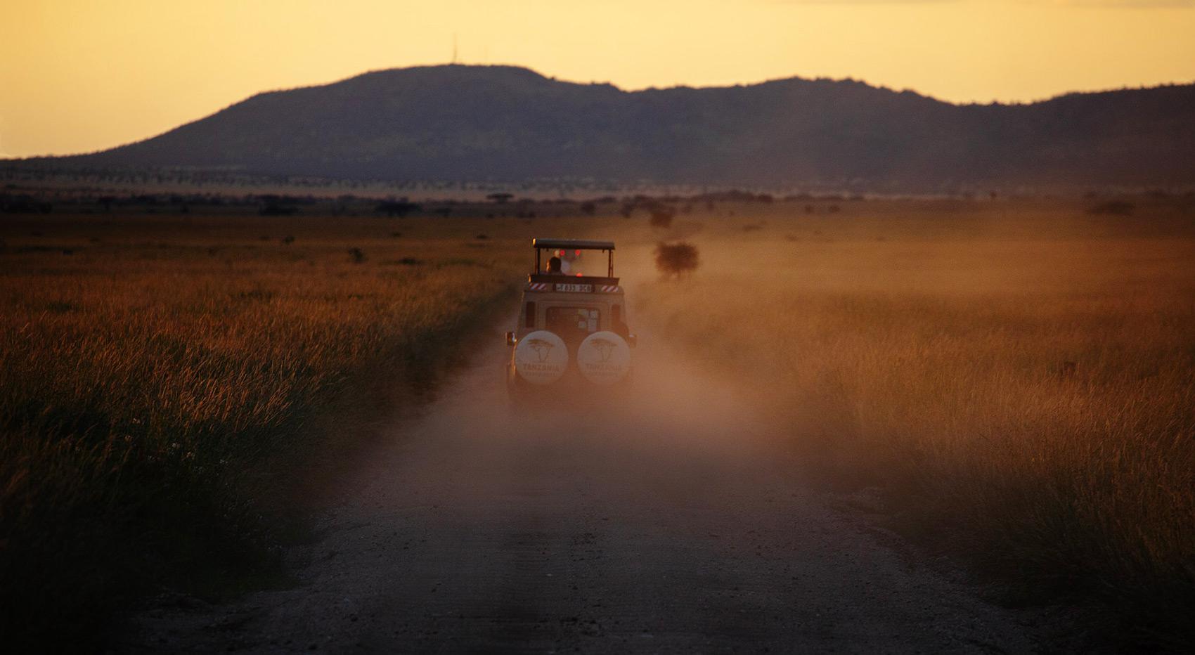 Ein Safarifahrzeug fährt in den Sonnenuntergang, umgeben von Staub. Ein Safarifahrzeug fährt in den Sonnenuntergang, umgeben von Staub.